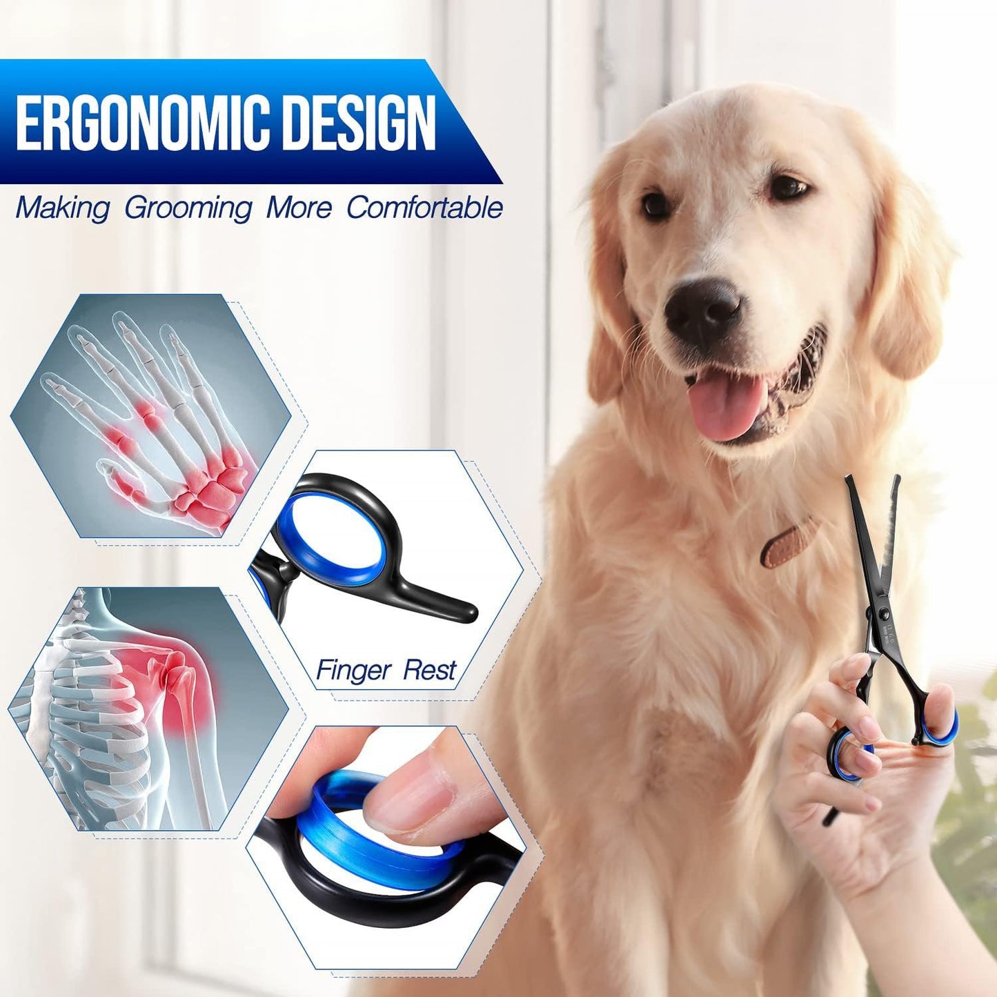 Dog Grooming Scissors Kit Professional 4CR with Safety Round Tip, 5 in 1 Heavy Duty Titanium Coated Thinning & Curved & Straight Shears