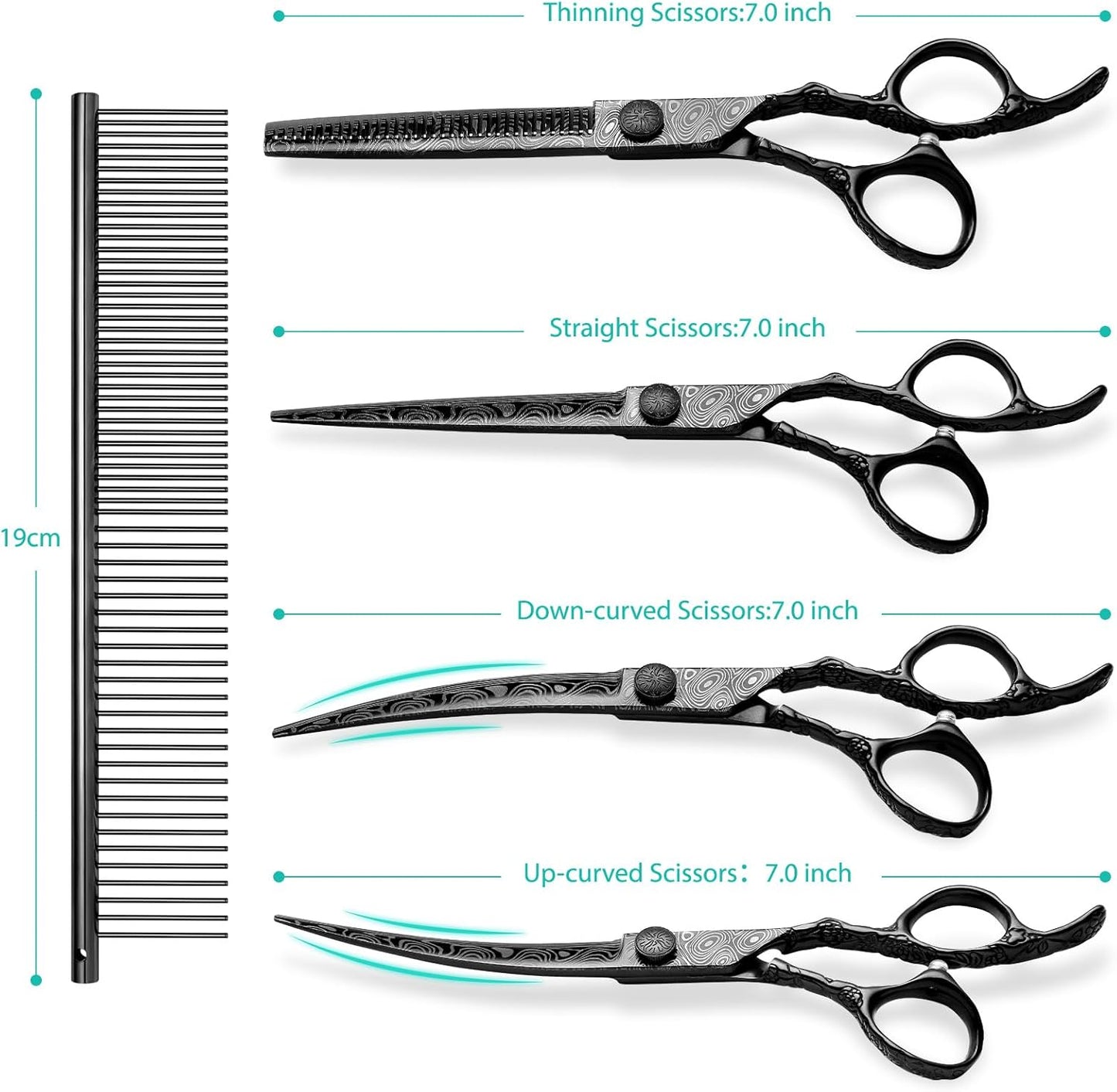 Professional 5-in-1 7.0-inch Black & Gold Dog Grooming Scissors Set - Straight, Thinning, Up & Down Curved Shears with Comb