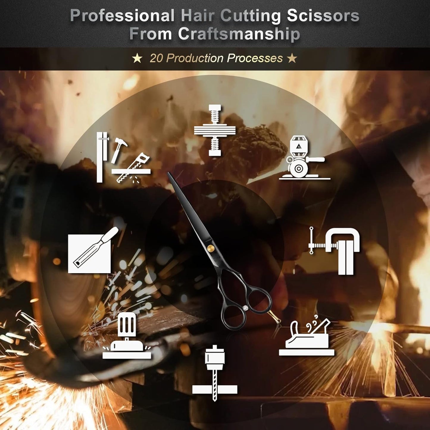 Professional Hair Scissors Set - Black Straight Shears with Gold Accents, Comb & Case