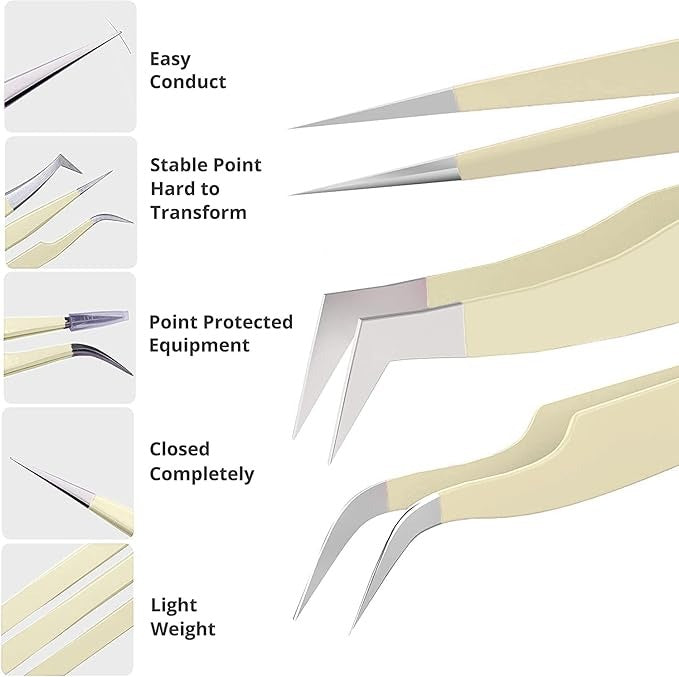 4-Piece Professional Gold Tip Eyelash Extension Tweezer Set for Salon Use
