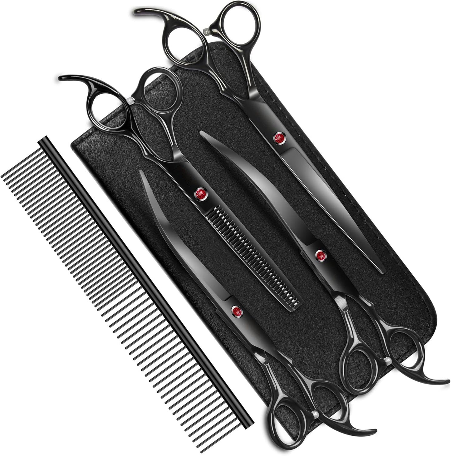 7.0in Titanium Professional Dog Grooming Scissors Set, BITE 6 in 1 Straight & Thinning & Upwards Curved & Downwards Curved Scissors & Comb for Dogs, Cats and Other Animals