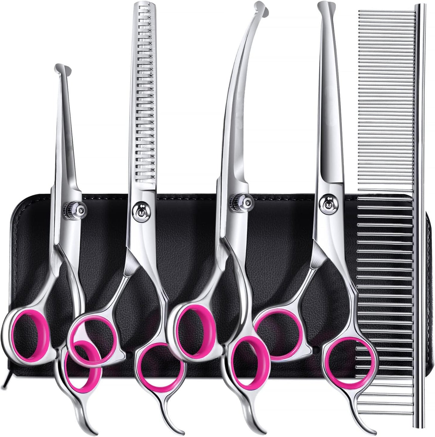 Titanium Coated Professional 6 in 1 4CR Stainless Steel Dog Grooming Scissors with Safety Round Tip, Heavy Duty Pet Grooming Scissor for Dogs, Cats and Other Animals