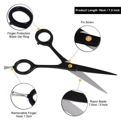 Professional Black Coated Barber Scissors - 7.5 Inch Razor Blade