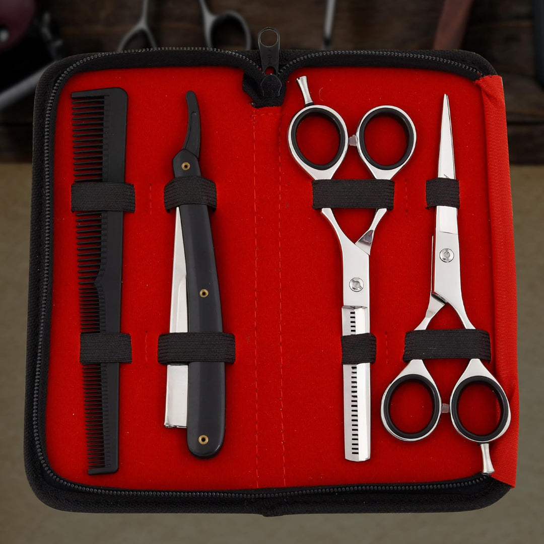 Professional 4-Piece Hair Cutting & Thinning Scissors Set - Black Hairdressing Kit with Comb & Accessories Gift Set