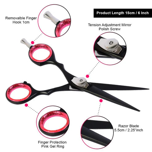 Stylish Black Barber Scissors with Pink Gel Rings - 6 Inch