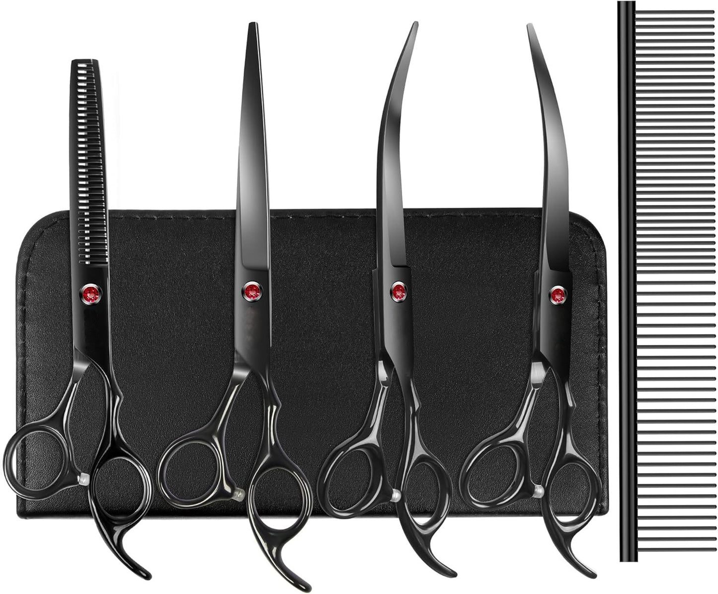 7.0in Titanium Professional Dog Grooming Scissors Set, BITE 6 in 1 Straight & Thinning & Upwards Curved & Downwards Curved Scissors & Comb for Dogs, Cats and Other Animals