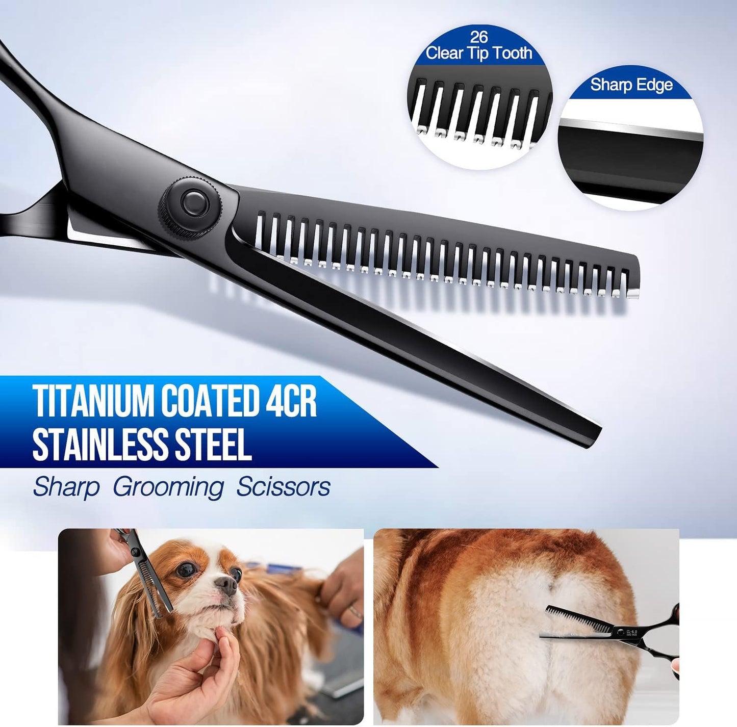 Dog Grooming Scissors Kit Professional 4CR with Safety Round Tip, 5 in 1 Heavy Duty Titanium Coated Thinning & Curved & Straight Shears