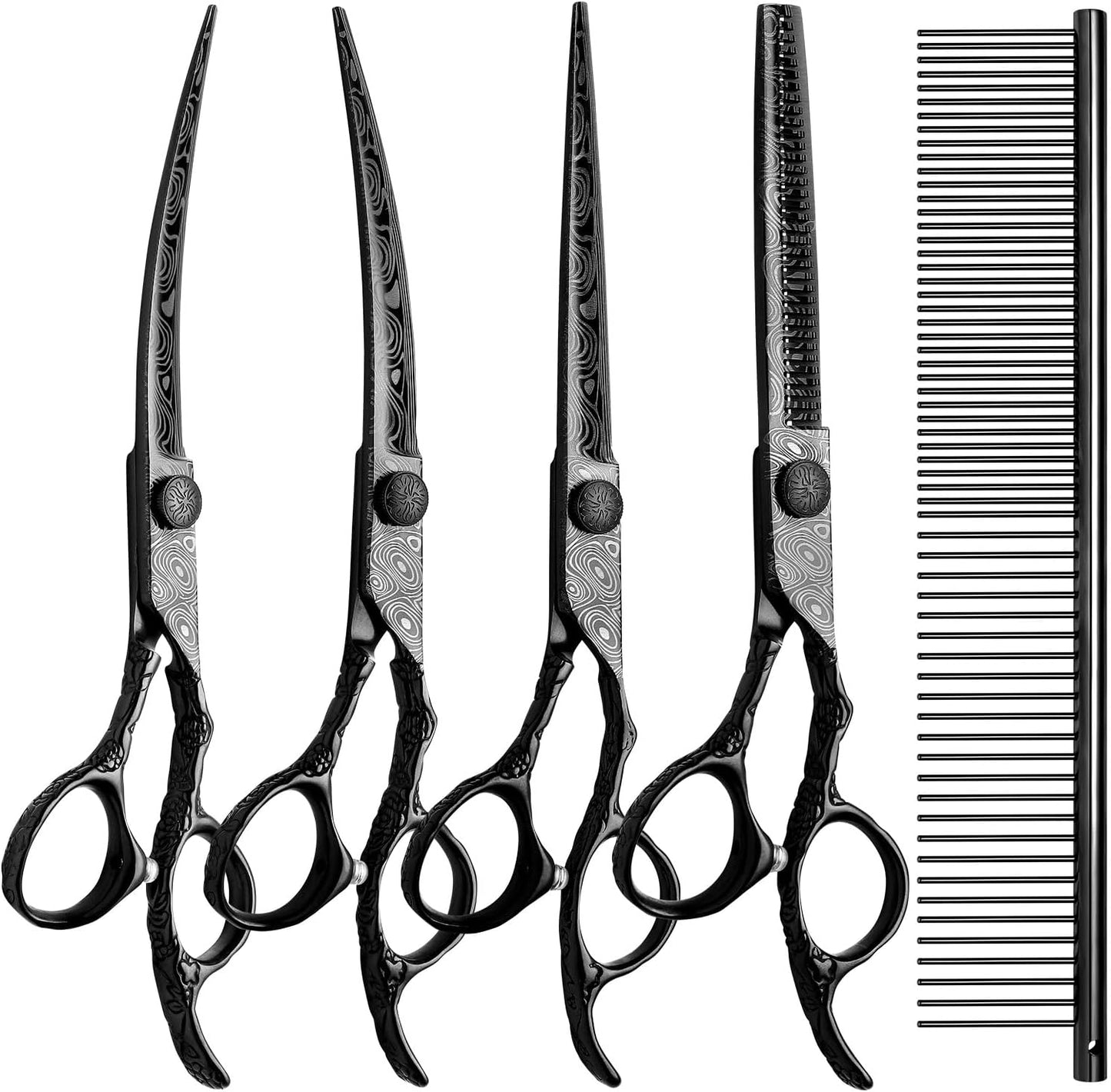 Professional 5-in-1 7.0-inch Black & Gold Dog Grooming Scissors Set - Straight, Thinning, Up & Down Curved Shears with Comb