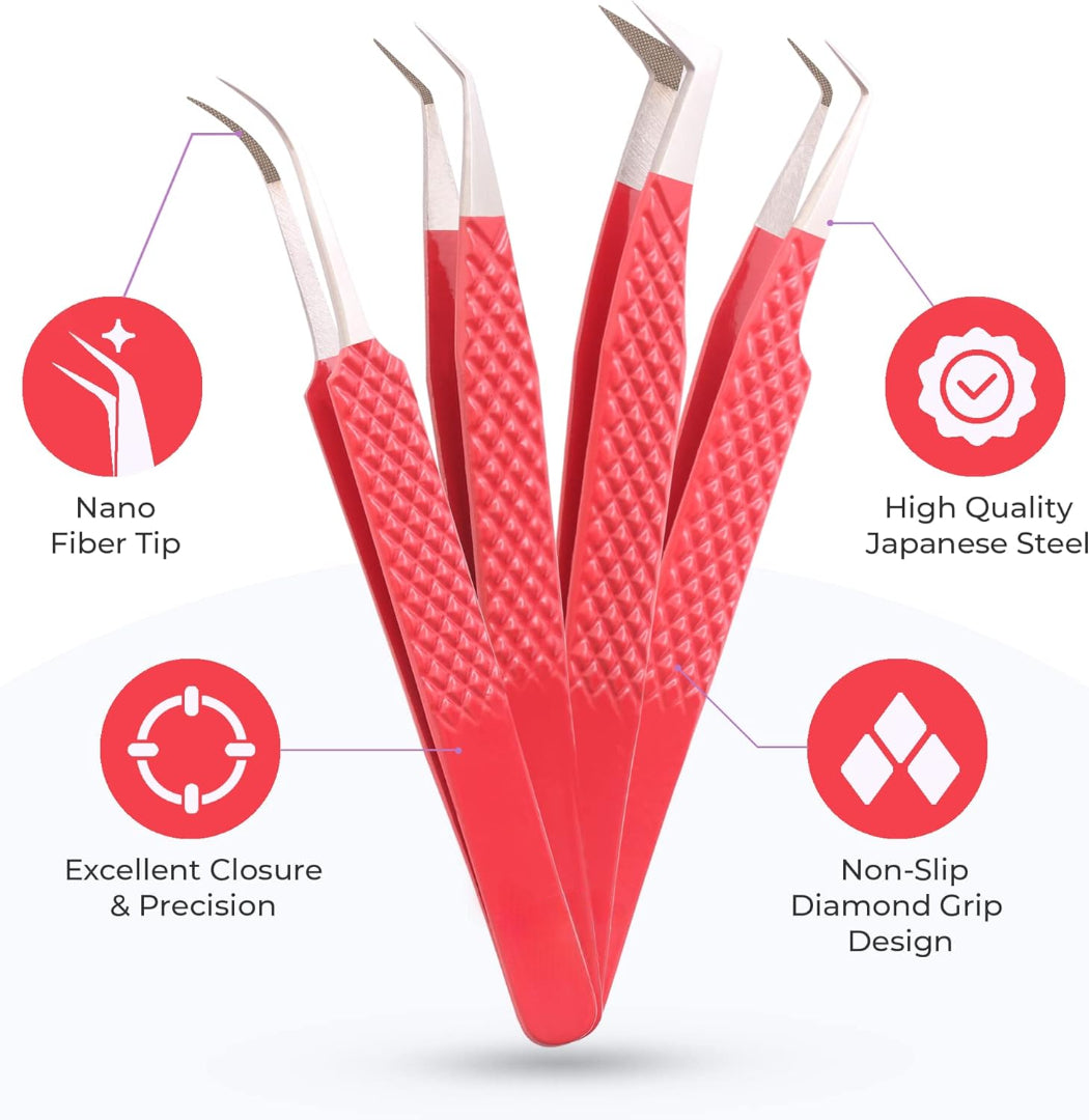 4-Piece Eyelash Tweezer Set | Stainless Steel Lash Tools for Volume Extensions Tweezer
