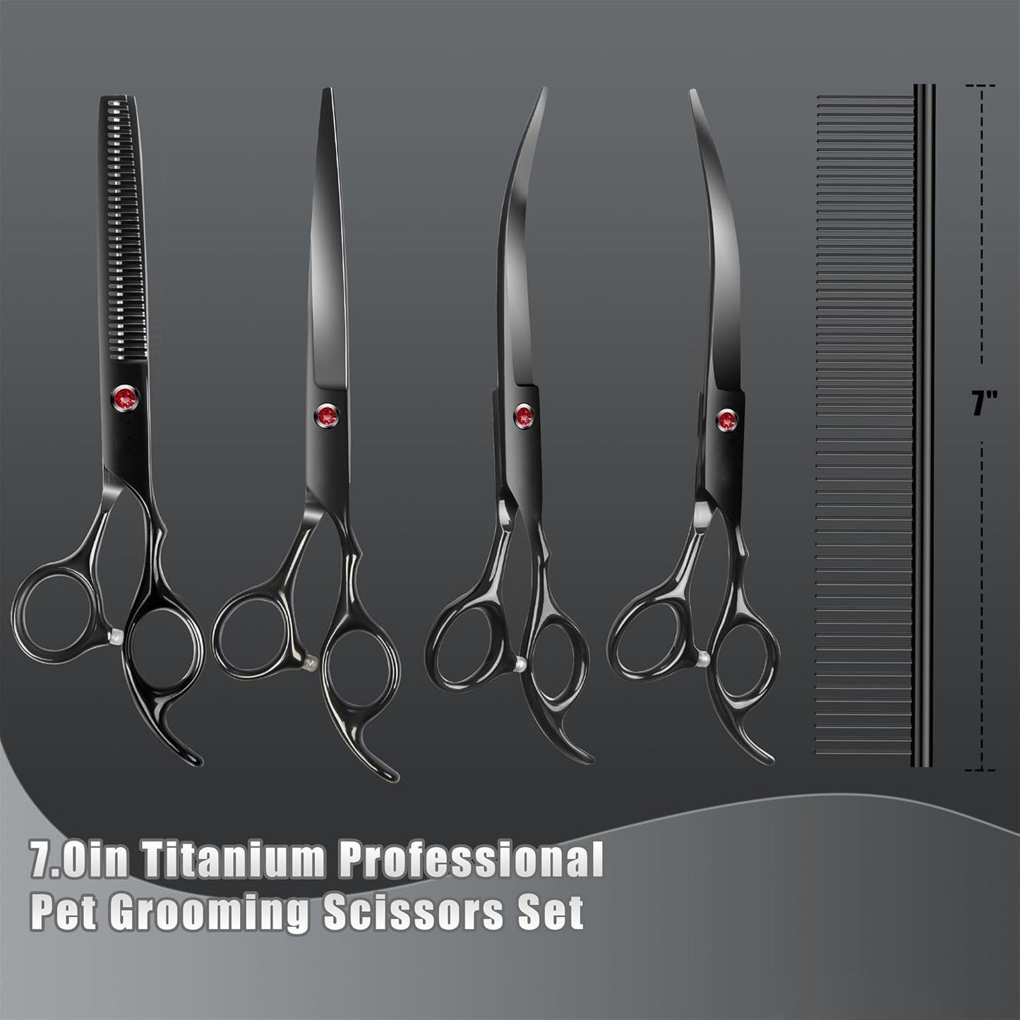 7.0in Titanium Professional Dog Grooming Scissors Set, BITE 6 in 1 Straight & Thinning & Upwards Curved & Downwards Curved Scissors & Comb for Dogs, Cats and Other Animals
