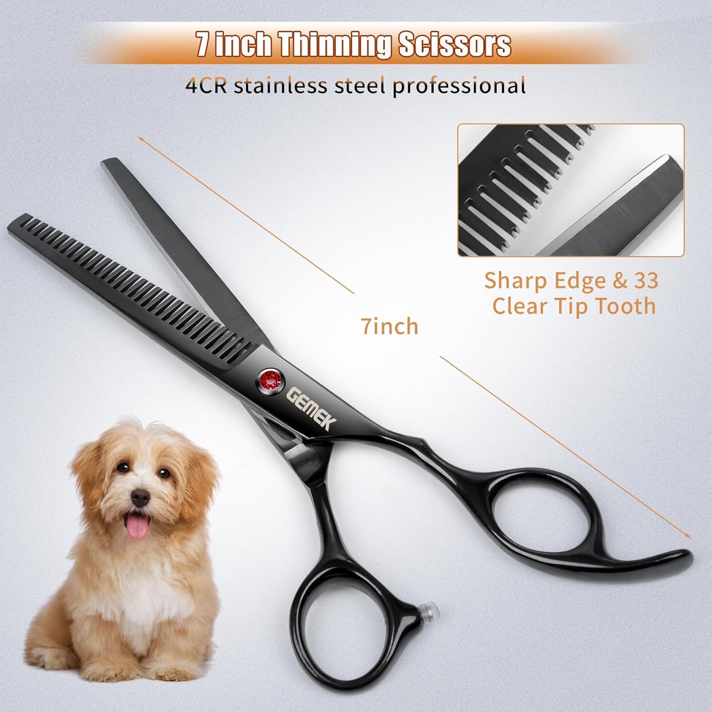 7.0in Titanium Professional Dog Grooming Scissors Set, BITE 6 in 1 Straight & Thinning & Upwards Curved & Downwards Curved Scissors & Comb for Dogs, Cats and Other Animals