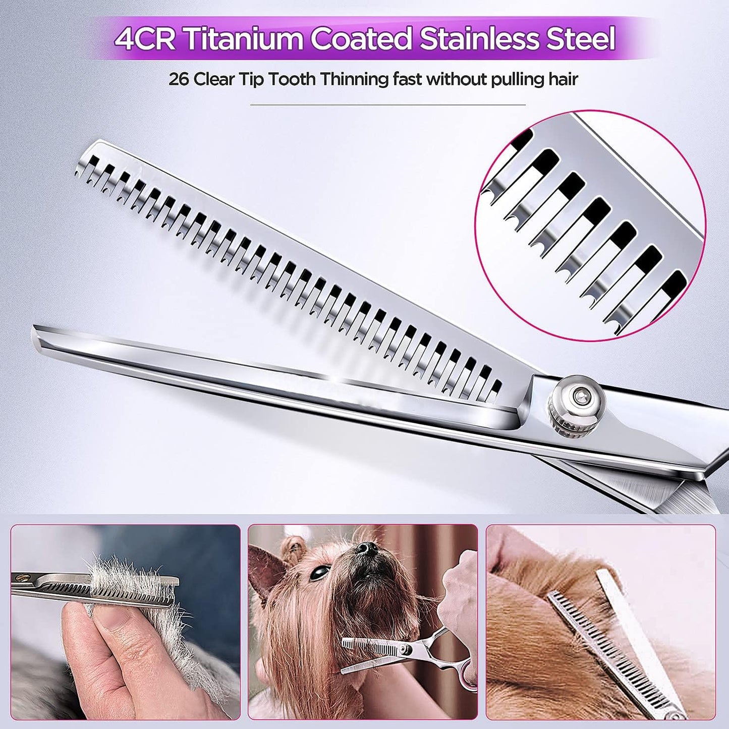 Titanium Coated Professional 6 in 1 4CR Stainless Steel Dog Grooming Scissors with Safety Round Tip, Heavy Duty Pet Grooming Scissor for Dogs, Cats and Other Animals