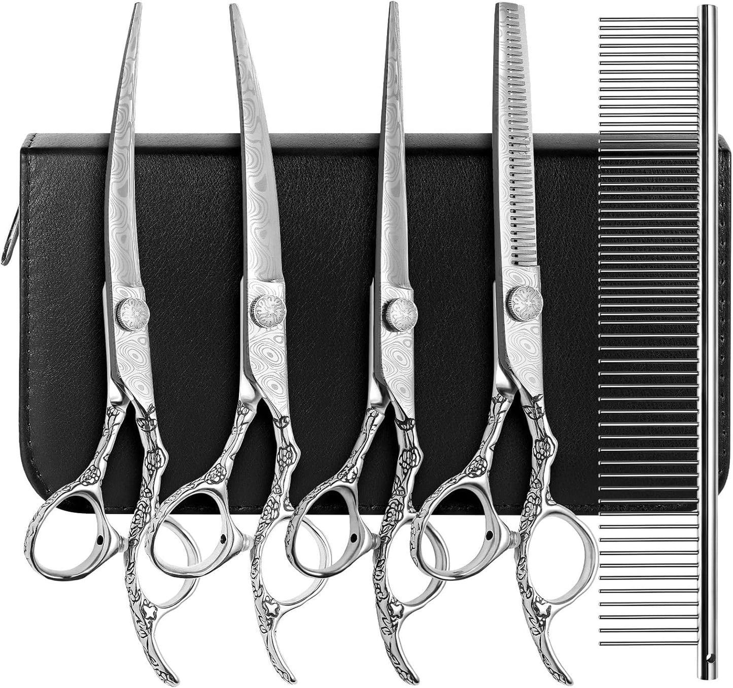 Professional 5-in-1 7.0-inch Black & Gold Dog Grooming Scissors Set - Straight, Thinning, Up & Down Curved Shears with Comb