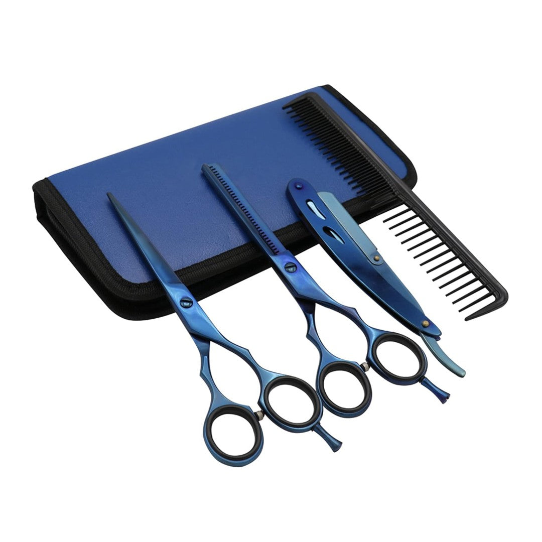Bite Instruments Professional Hair Cutting Kit - Blue Stainless Steel Shears & Razor Set
