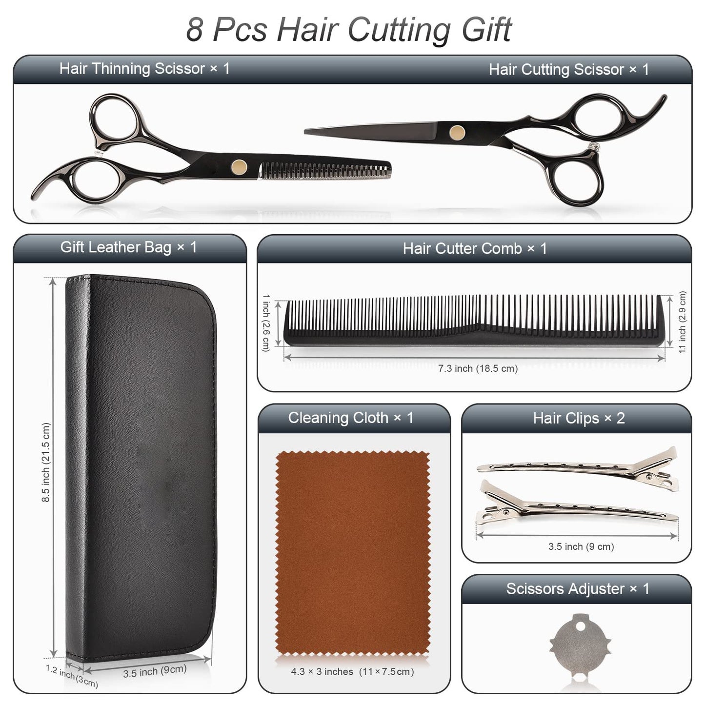 Professional 8-Piece Hair Cutting & Thinning Scissors Set - Black Hairdressing Kit with Comb & Accessories Gift Set