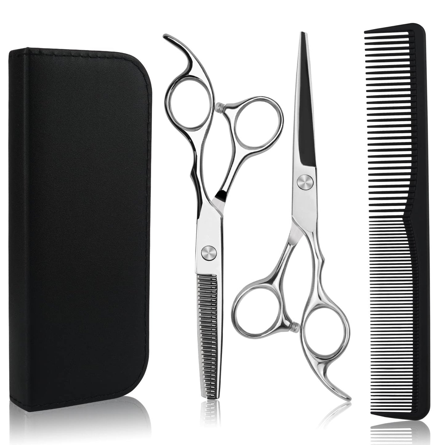Professional 6.5-inch Hair Cutting & Thinning Shears Kit - Silver Scissors with Comb, Clips & Case
