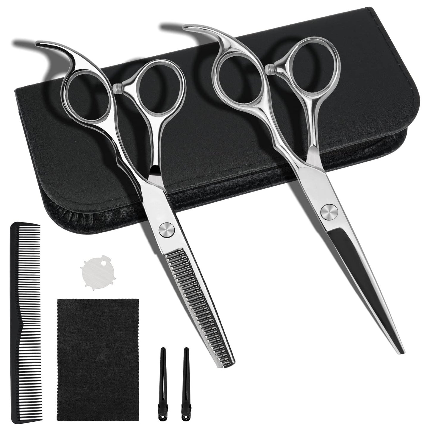 Professional 6.5-inch Hair Cutting & Thinning Shears Kit - Silver Scissors with Comb, Clips & Case