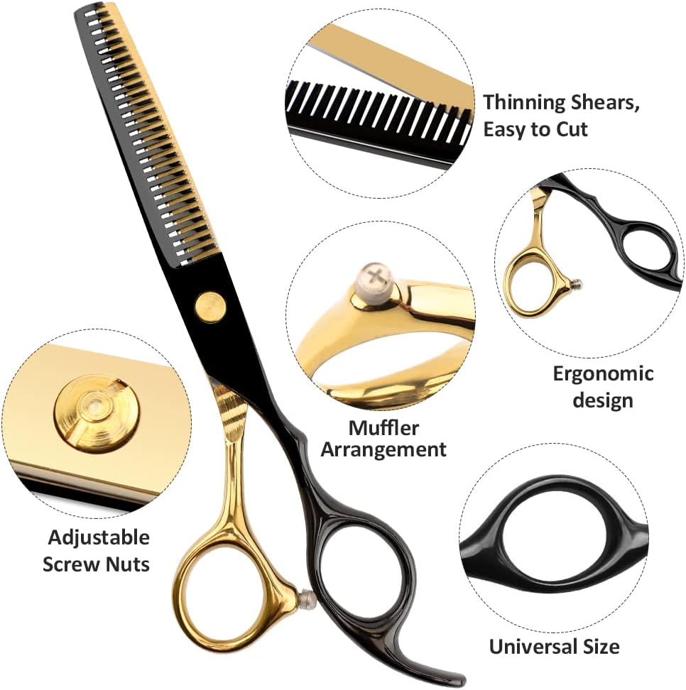 Professional 7-Piece Hair Cutting & Thinning Scissors Set - Black Hairdressing Kit with Comb & Accessories Gift Set