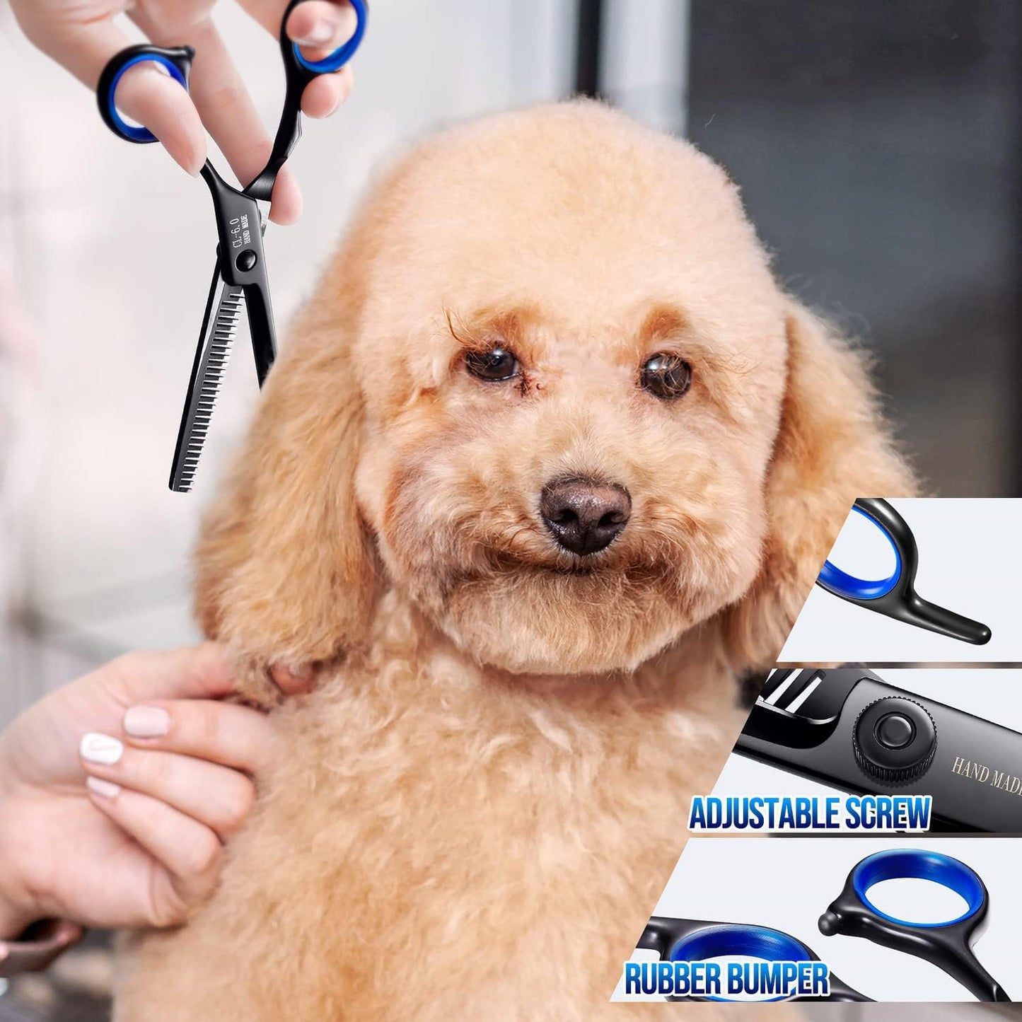 Dog Grooming Scissors Kit Professional 4CR with Safety Round Tip, 5 in 1 Heavy Duty Titanium Coated Thinning & Curved & Straight Shears