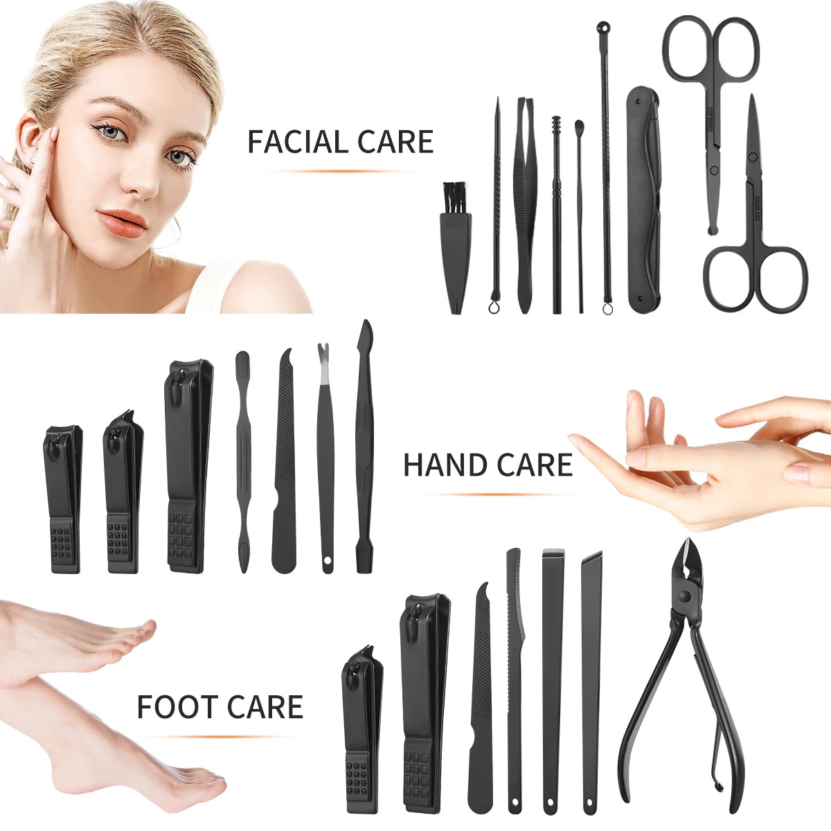 Bite Instruments 18-in-1 Manicure & Pedicure Kit | Black Stainless Steel Grooming Set
