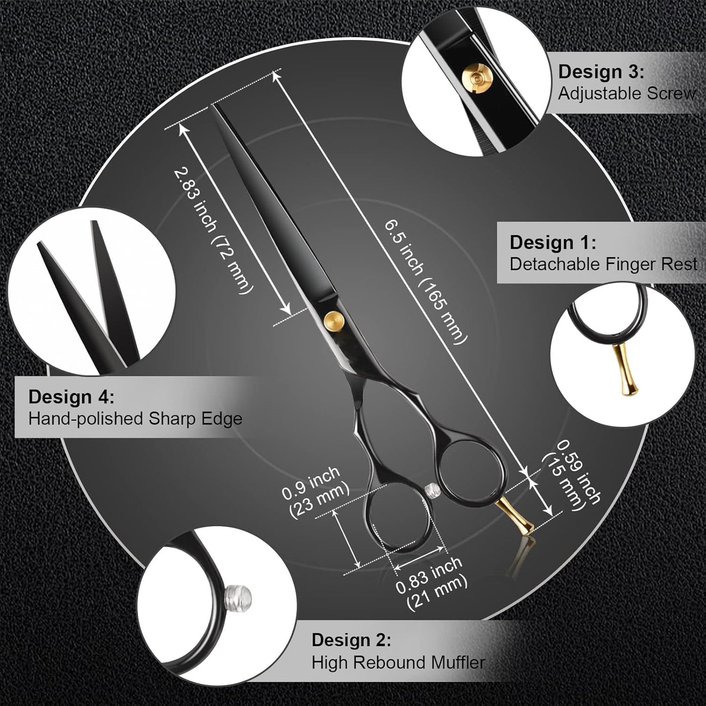 Professional Hair Scissors Set - Black Straight Shears with Gold Accents, Comb & Case