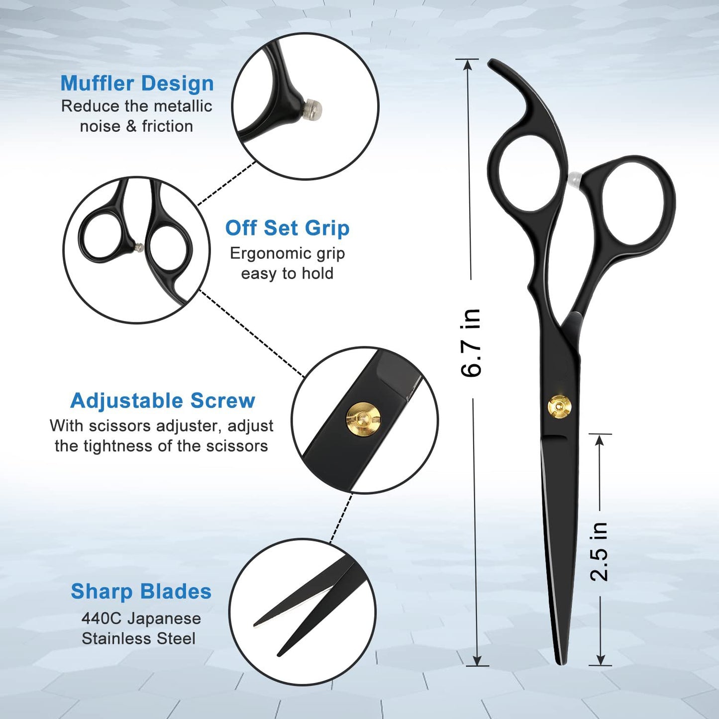 Professional Haircut Scissors Kit - 6.7"/6.89" Black Cutting & Thinning Shears Set with Comb, Cape, Clips & Case