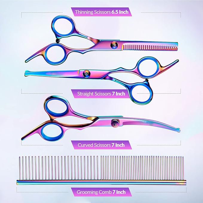 Dog Grooming Scissors Kit Professional 4CR with Safety Round Tip, 5 in 1 Heavy Duty Titanium Coated Thinning & Curved & Straight Shears