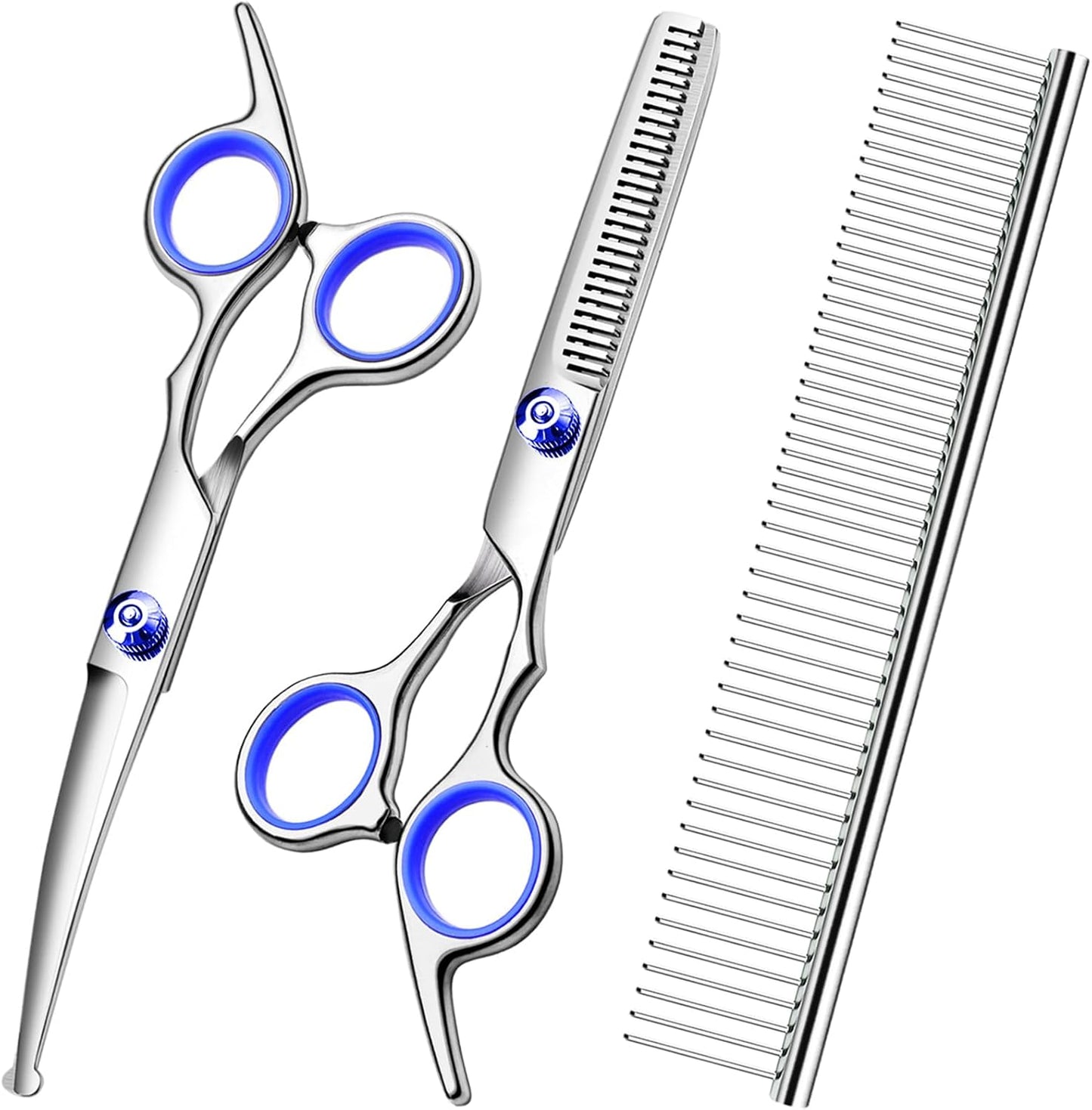 Dog Grooming Kit with Safety Round Tips Stainless Steel Professional Dog Shears Set - Thinning, Curved Scissors and Comb for Cat Pet