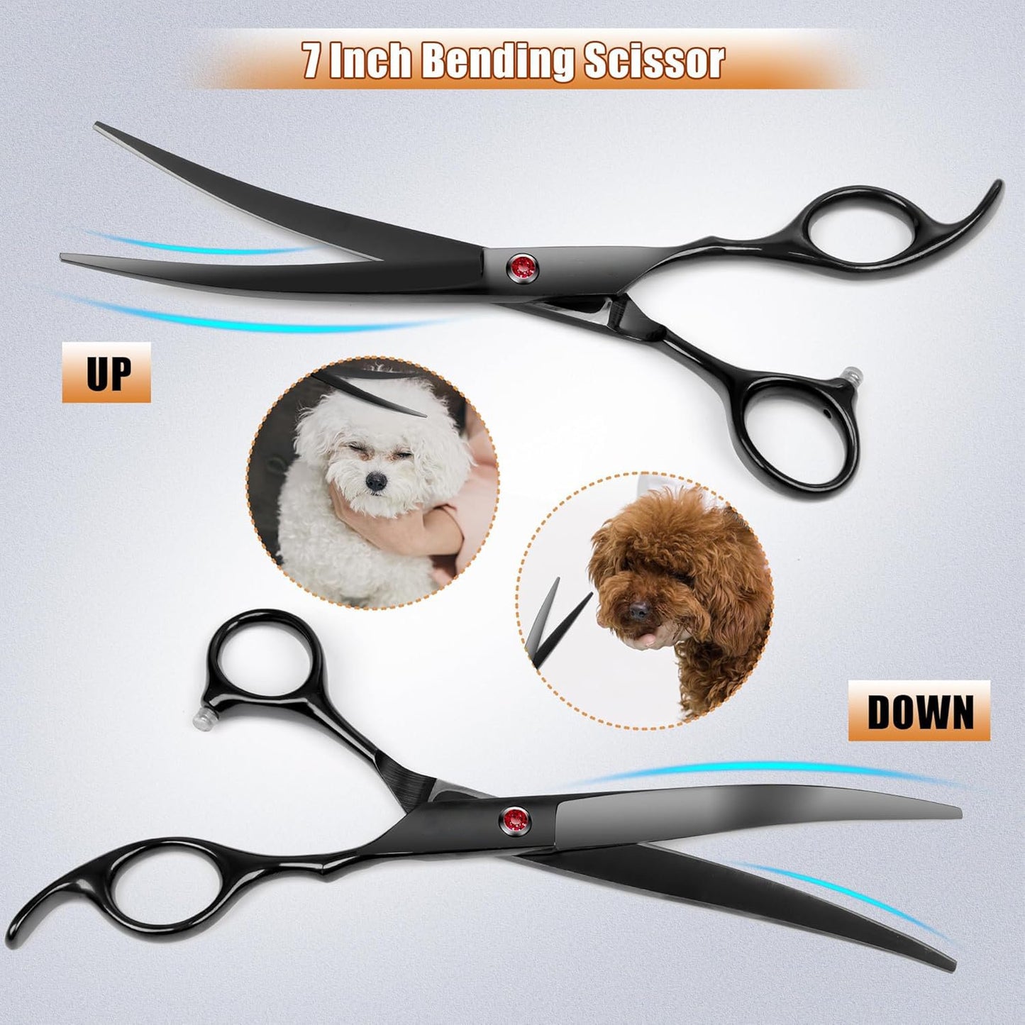 7.0in Titanium Professional Dog Grooming Scissors Set, BITE 6 in 1 Straight & Thinning & Upwards Curved & Downwards Curved Scissors & Comb for Dogs, Cats and Other Animals