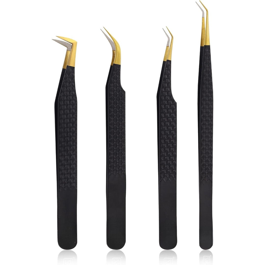 Bite Instruments Set Diamond Gold Grip Eyelash Extensions Tweezers German Stainless Steel