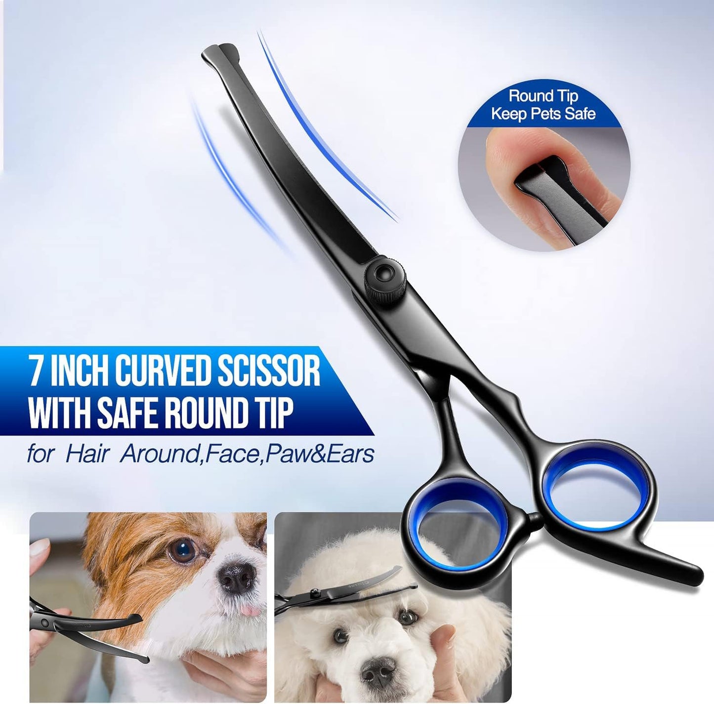 Dog Grooming Scissors Kit Professional 4CR with Safety Round Tip, 5 in 1 Heavy Duty Titanium Coated Thinning & Curved & Straight Shears
