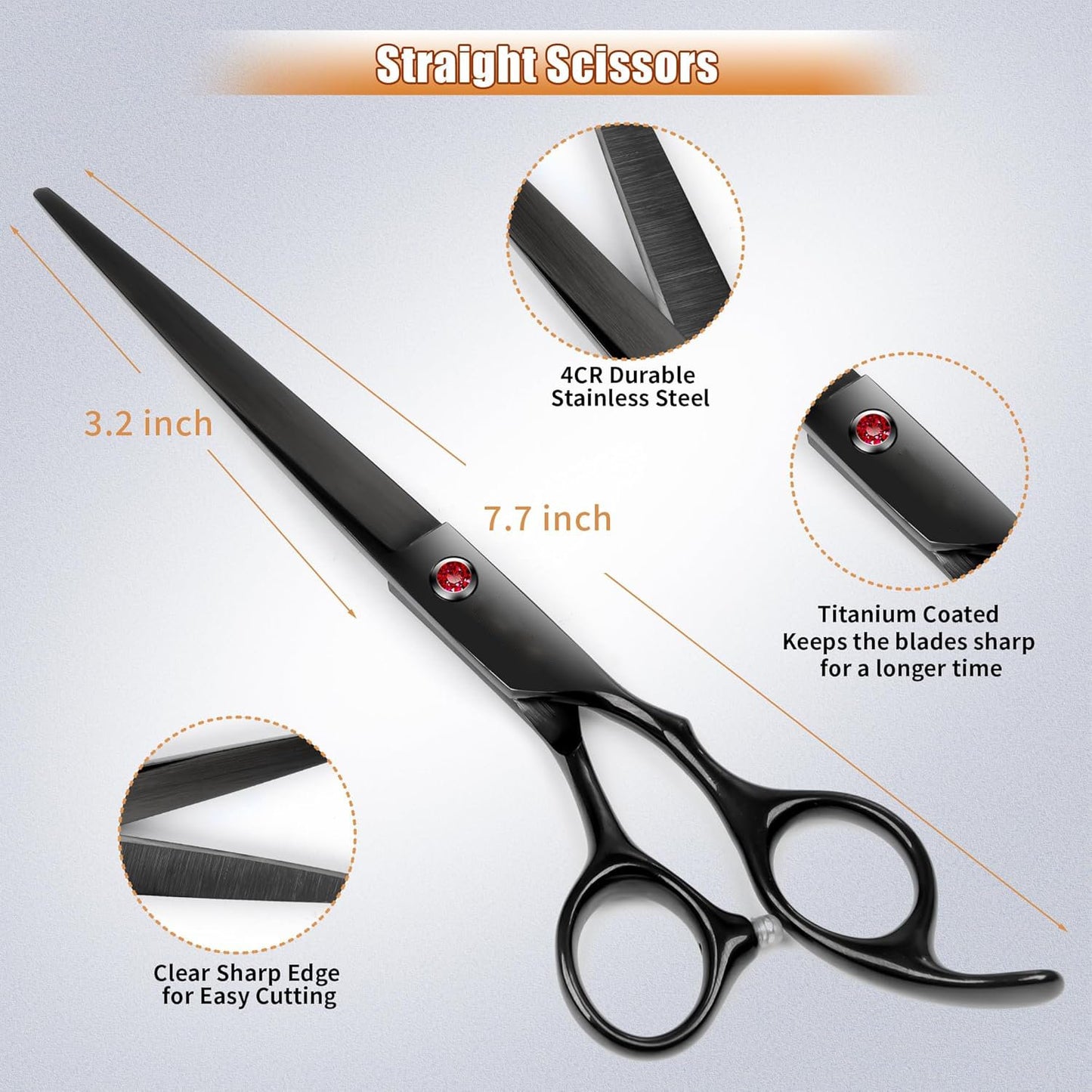 7.0in Titanium Professional Dog Grooming Scissors Set, BITE 6 in 1 Straight & Thinning & Upwards Curved & Downwards Curved Scissors & Comb for Dogs, Cats and Other Animals