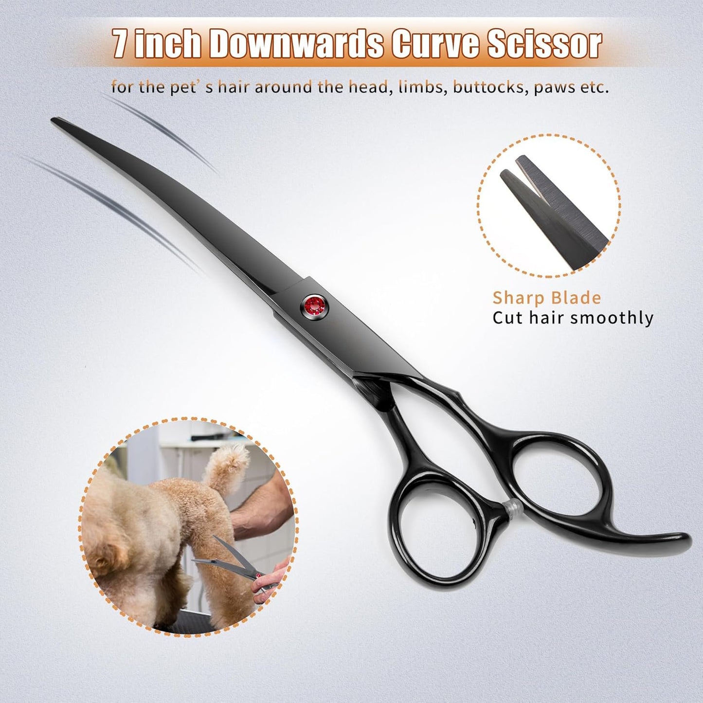 7.0in Titanium Professional Dog Grooming Scissors Set, BITE 6 in 1 Straight & Thinning & Upwards Curved & Downwards Curved Scissors & Comb for Dogs, Cats and Other Animals