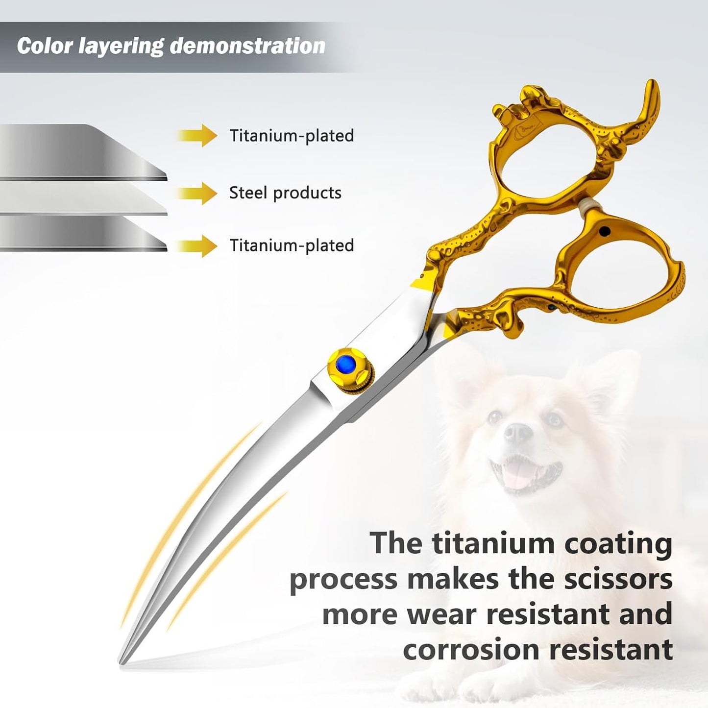 Professional Dragon Style Gold Pet Grooming Scissors Set - Curved, Thinning & Straight Shears with Case for Cats & Dogs