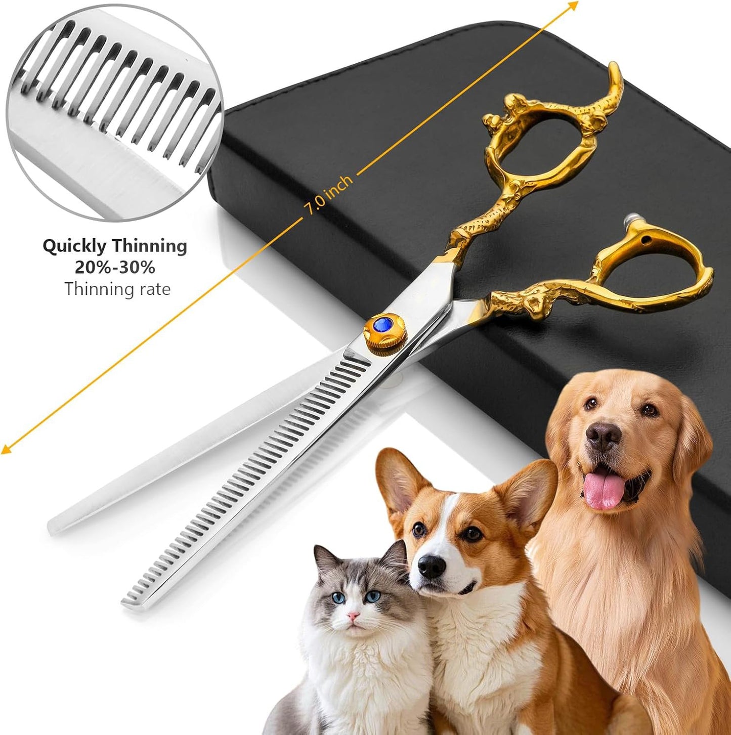 Professional Dragon Style Gold Pet Grooming Scissors Set - Curved, Thinning & Straight Shears with Case for Cats & Dogs