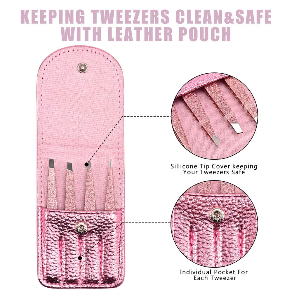 Eyebrow Tweezer Set, 4 Pcs Professional Stainless Steel Tweezers for Ingrown Hair Removal