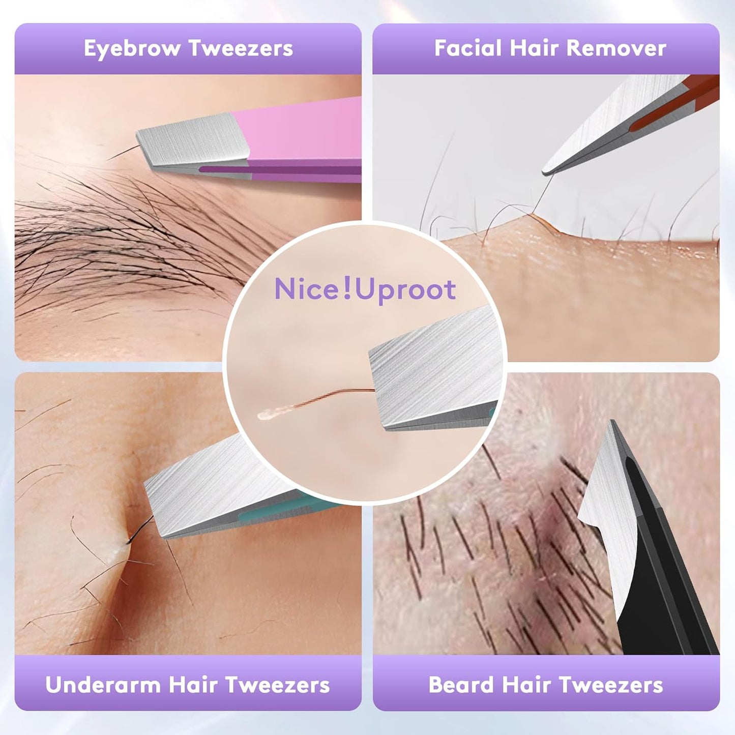 Professional Stainless Steel 4 Pack Tweezer Set for Eyebrow Ingrown Hair