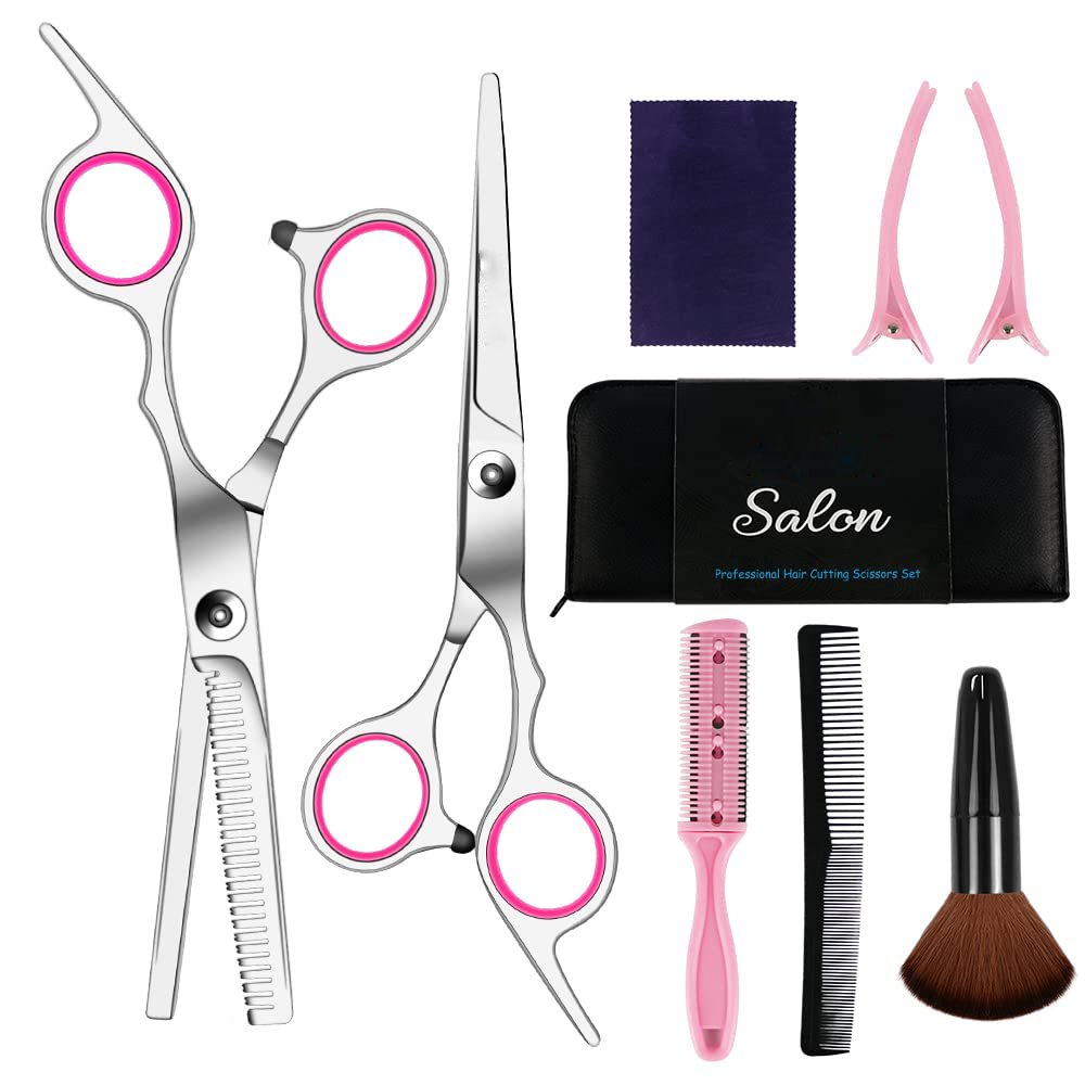 Professional 11-Piece Hair Cutting & Thinning Scissors Set - Silver & Blue Shears with Comb, Cape & Styling Accessories