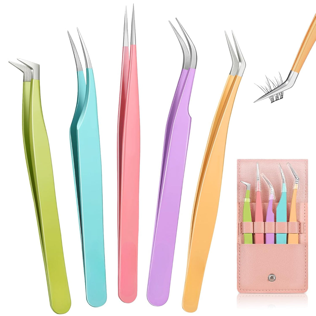 Bite Instruments 5-Piece Colorful Eyelash Tweezer Set with Case | Precision Stainless Steel Lash Extension Tools
