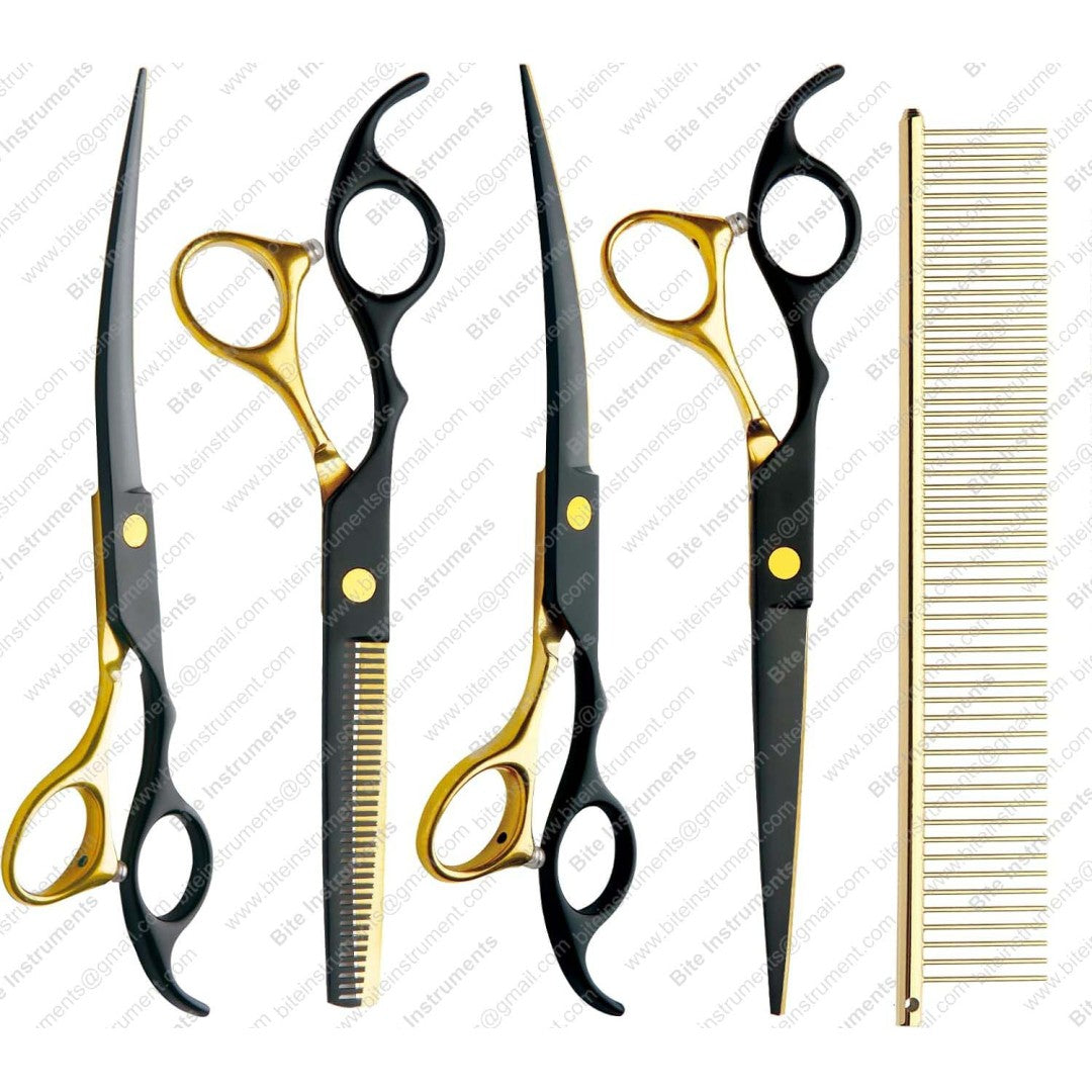 Professional 5-in-1 7.0-inch Black & Gold Dog Grooming Scissors Set - Straight, Thinning, Up & Down Curved Shears with Comb