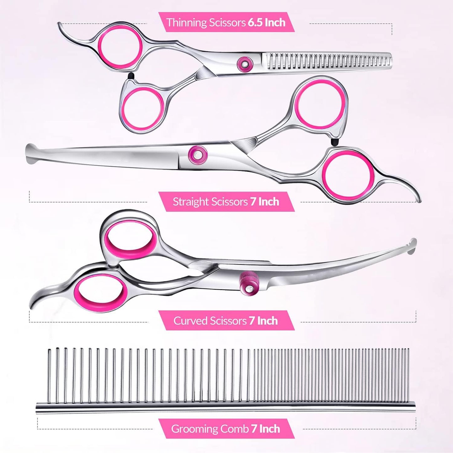 Dog Grooming Scissors Kit Professional 4CR with Safety Round Tip, 5 in 1 Heavy Duty Titanium Coated Thinning & Curved & Straight Shears