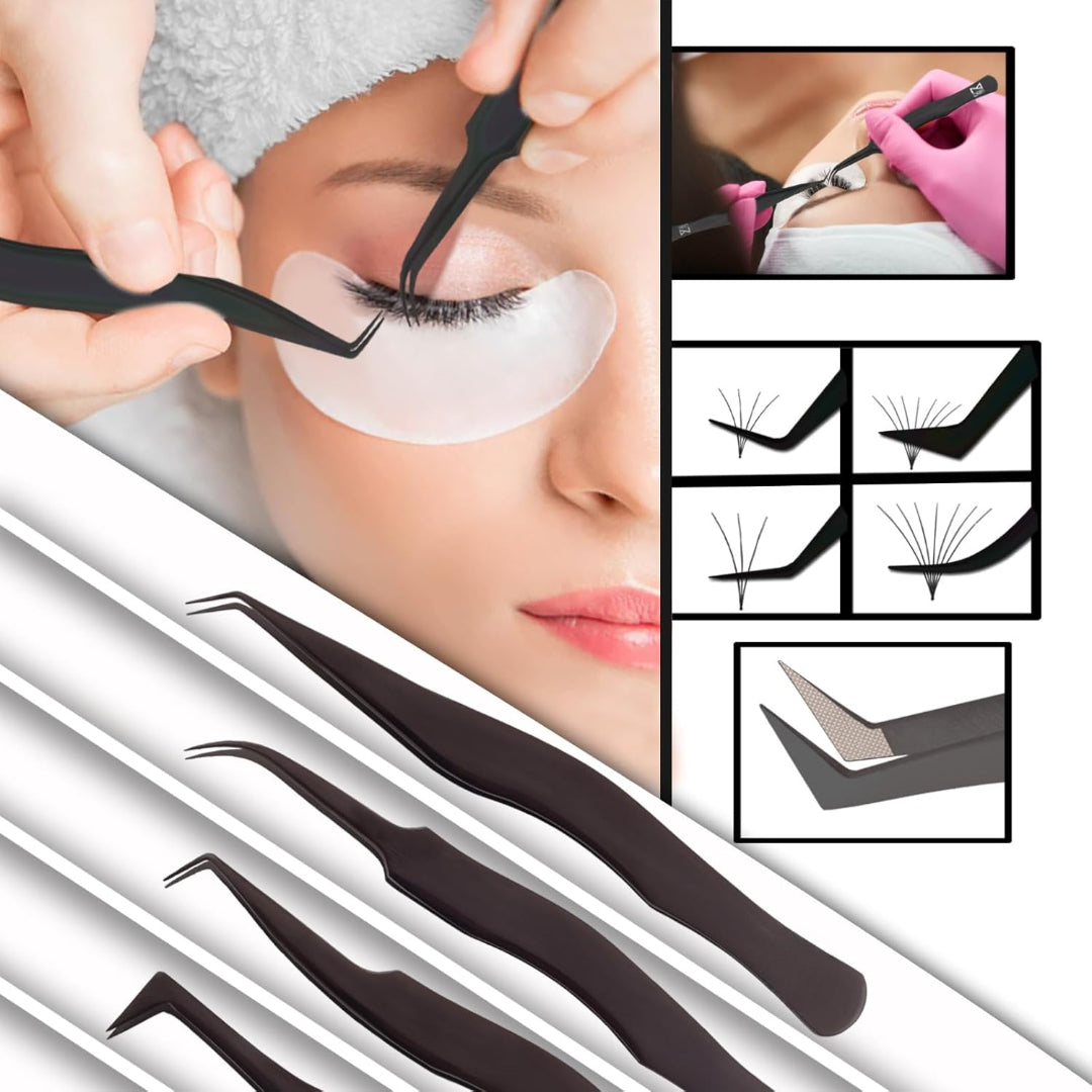 Bite Instruments Pink & Gold 4-Piece Eyelash Tweezer Set | Precision Tools for Volume & Classic Lashes