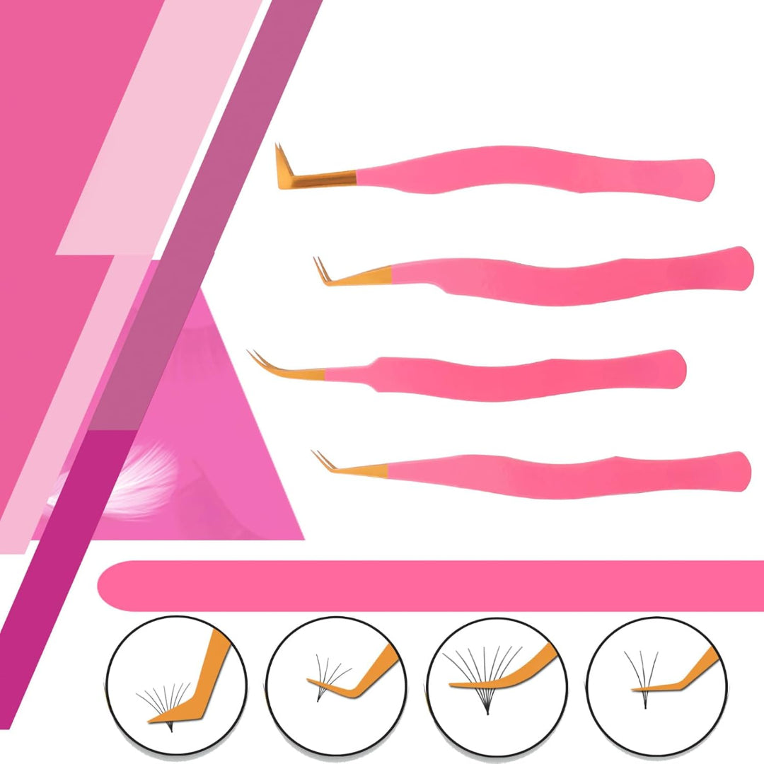 Bite Instruments Pink & Gold 4-Piece Eyelash Tweezer Set | Precision Tools for Volume & Classic Lashes
