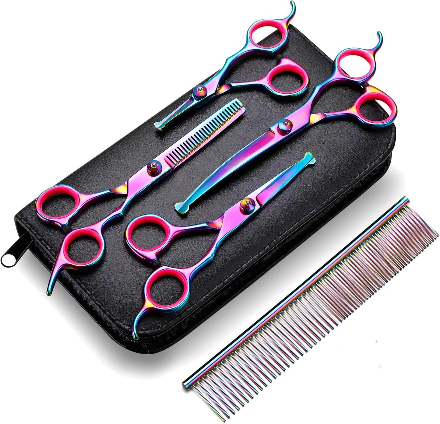 Titanium Coated Professional 6 in 1 4CR Stainless Steel Dog Grooming Scissors with Safety Round Tip, Heavy Duty Pet Grooming Scissor for Dogs, Cats and Other Animals
