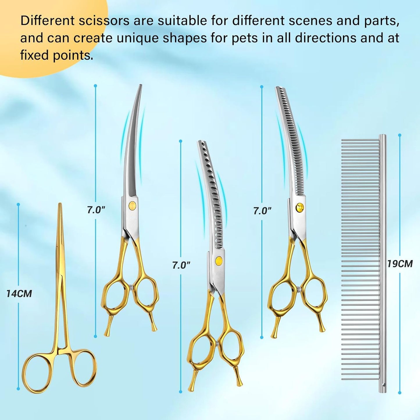 Professional 5-in-1 Gold Dog & Cat Grooming Scissors Set - 7-inch Shears with Safety Round Tips & Comb