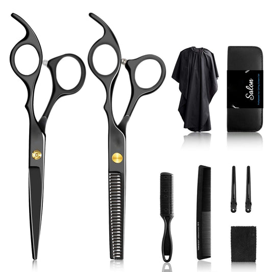Professional Haircut Scissors Kit - 6.7"/6.89" Black Cutting & Thinning Shears Set with Comb, Cape, Clips & Case