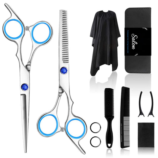 Professional 11-Piece Hair Cutting & Thinning Scissors Set - Silver & Blue Shears with Comb, Cape & Styling Accessories