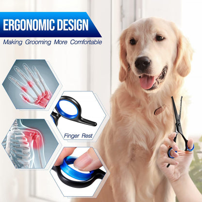 Dog Grooming Scissors Kit Professional 4CR with Safety Round Tip, 5 in 1 Heavy Duty Titanium Coated Thinning & Curved & Straight Shears