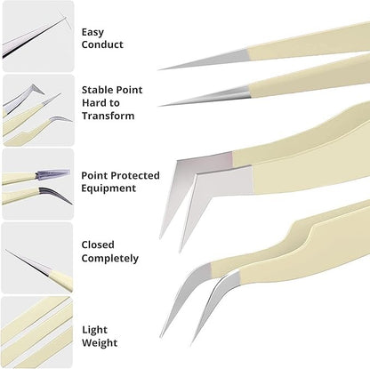 4-Piece Professional Gold Tip Eyelash Extension Tweezer Set for Salon Use