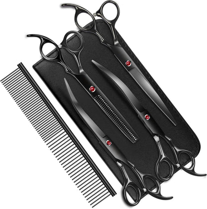 7.0in Titanium Professional Dog Grooming Scissors Set, BITE 6 in 1 Straight & Thinning & Upwards Curved & Downwards Curved Scissors & Comb for Dogs, Cats and Other Animals